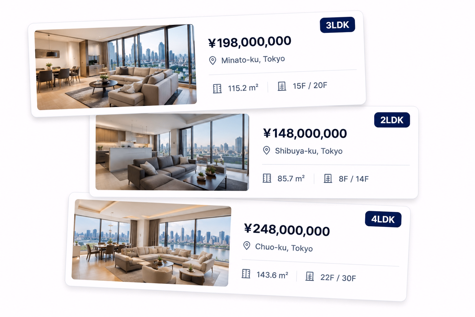 Sample curated Tokyo property cards